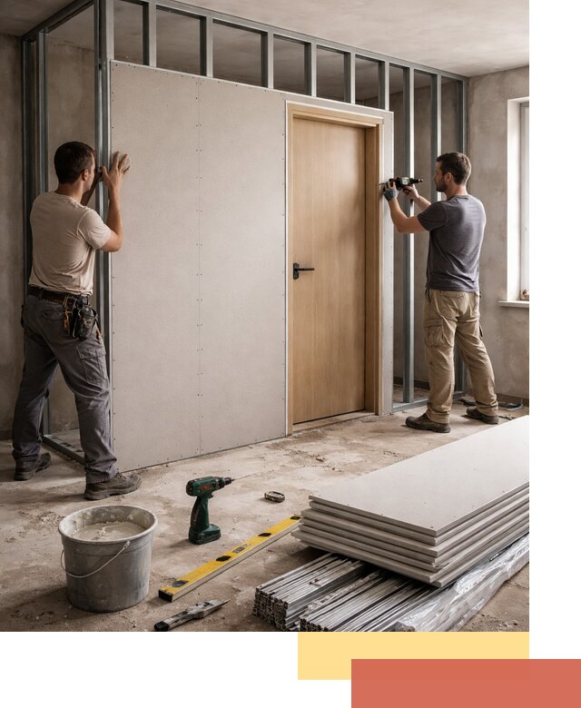 Перегородка из гипсокартона с дверью под ключ в Красногорске