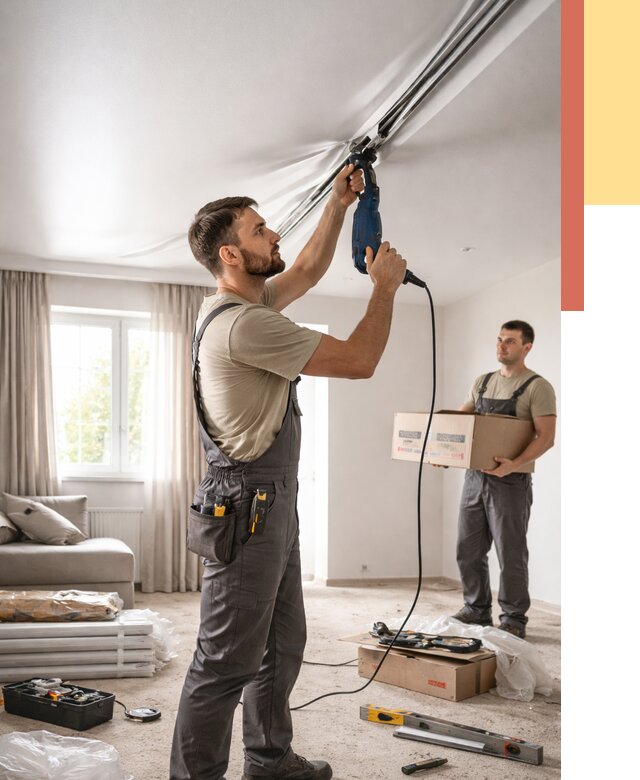 Монтаж сатинового натяжного потолка в Красногорске от 3556 руб. | Быстро, недорого — ОТДЕЛОЧНИК-Крр