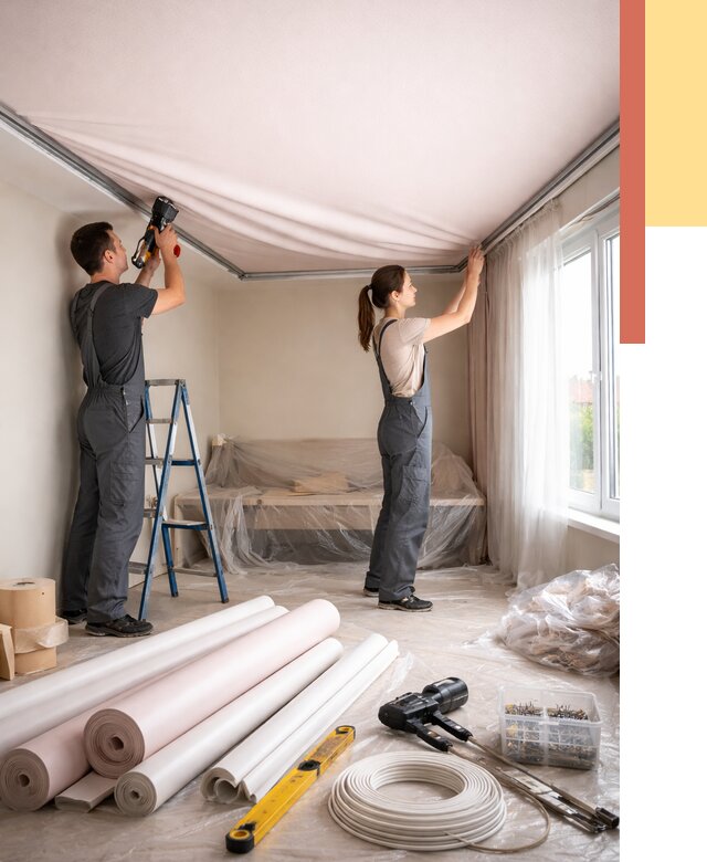 Монтаж цветного натяжного потолка в Красногорске от 4268 руб/м² — быстро и недорого | ОТДЕЛОЧНИК-Крр