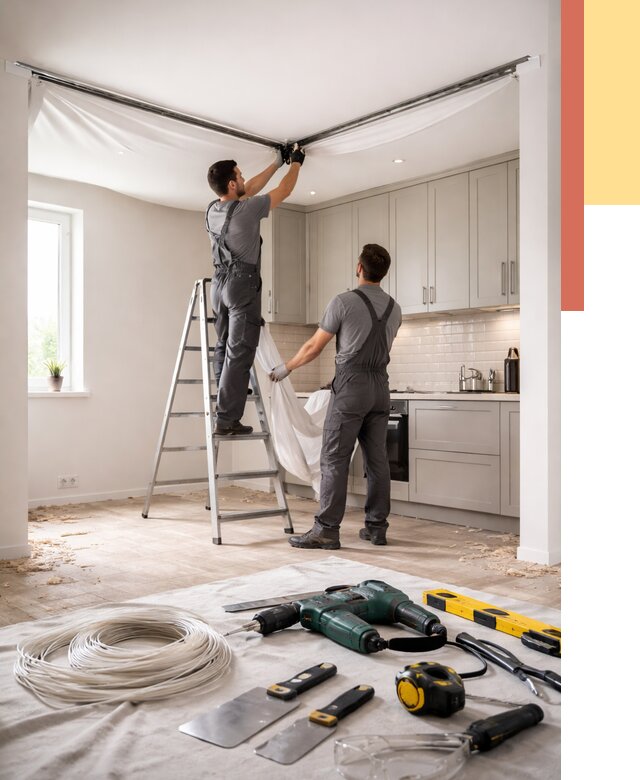 Установка натяжного потолка на кухне в Красногорске от 2439 руб. | ОТДЕЛОЧНИК-Крр