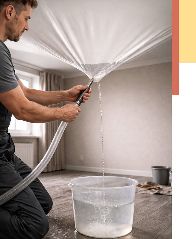 Слив воды с натяжного потолка в Красногорске от 2540 руб. быстро и недорого | ОТДЕЛОЧНИК-Крр