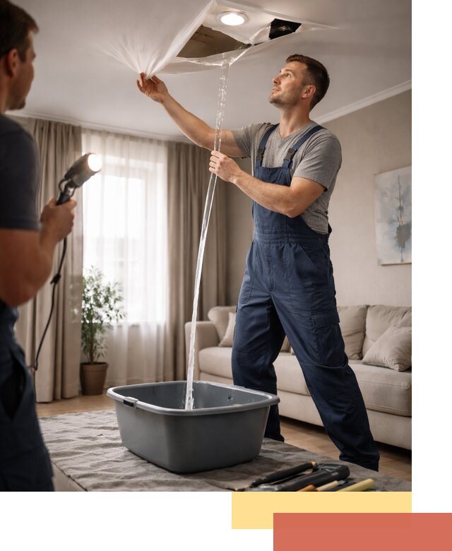 Слив воды с натяжного потолка в Красногорске быстро и аккуратно