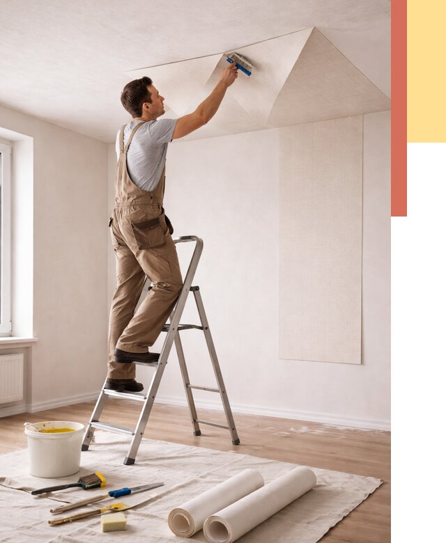 Поклейка обоев на потолок в Красногорске от 4572 руб. быстро и недорого | ОТДЕЛОЧНИК-Крр